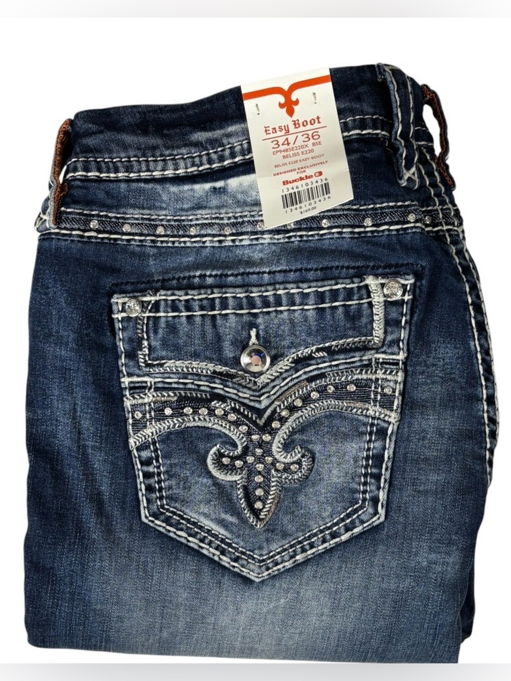 Rock Revival Blue Jeans Rhinestones Women’s Mid-Rise Easy Boot 36x34 MSRP $169